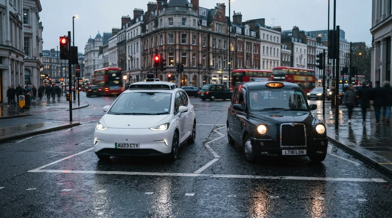 A right-hand-drive white driverless taxi with roof sensors waiting at a junction on a wet London street at dusk, with a black cab alongside