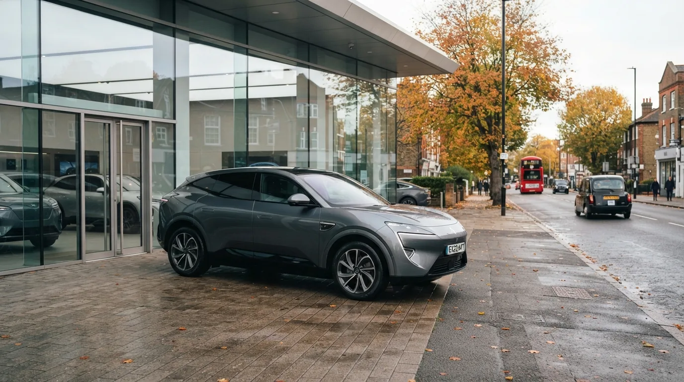 A large dark grey electric SUV with a sleek coupe roofline parked outside a modern glass-fronted car showroom in a UK town on a bright autumn day