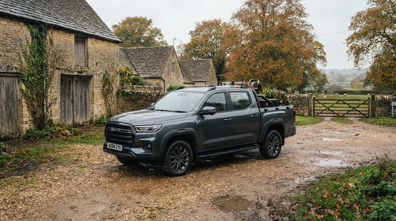 A right-hand-drive dark grey double-cab pick-up truck parked on a gravel yard beside a Cotswold stone barn on an overcast autumn morning