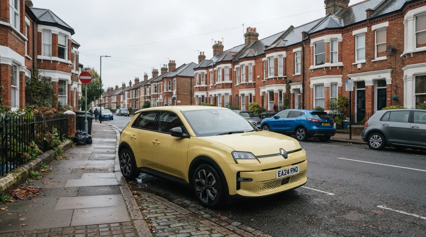 A right-hand-drive pale yellow Renault 5 electric supermini parked on a terraced residential street in a UK town on an overcast morning
