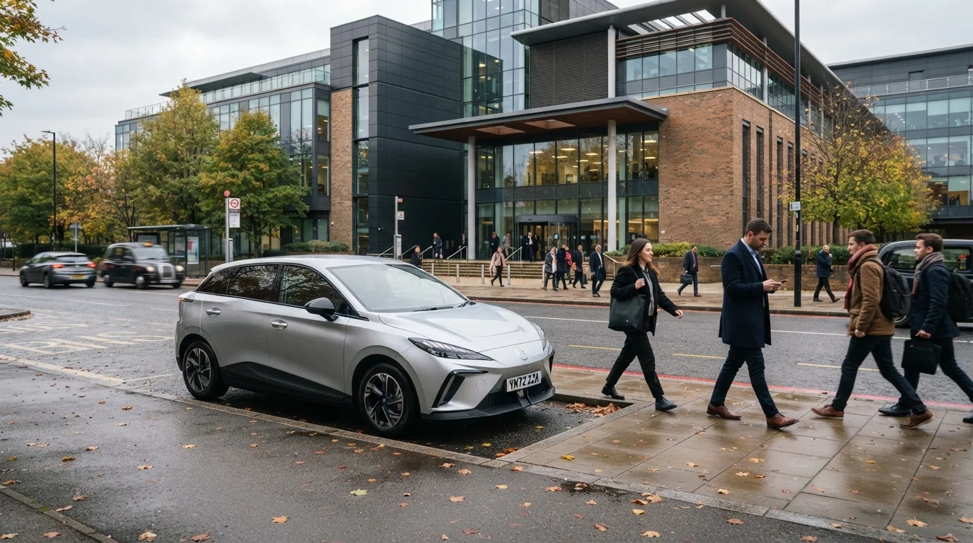 A right-hand-drive silver electric hatchback parked outside a modern UK office building on a bright autumn morning, with commuters walking past
