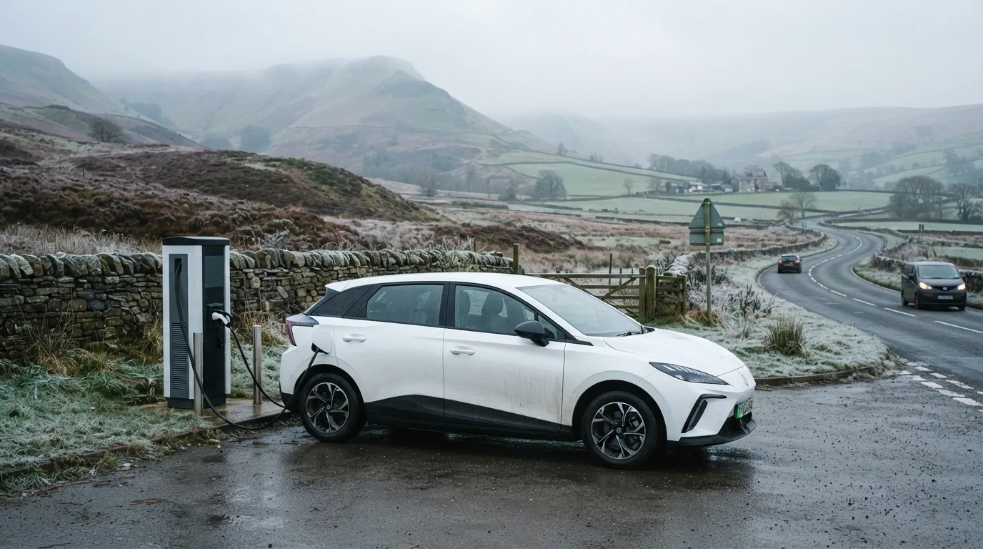 A right-hand-drive compact electric hatchback in white charging at a roadside rapid charger on a frosty morning in the Peak District, England