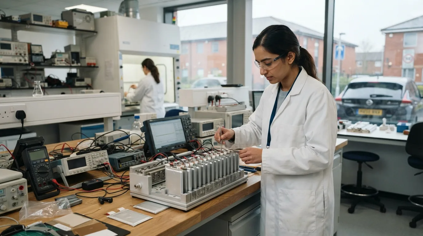 A clean laboratory bench with rows of small silver battery cells and a technician in a white coat and safety glasses at a UK research facility