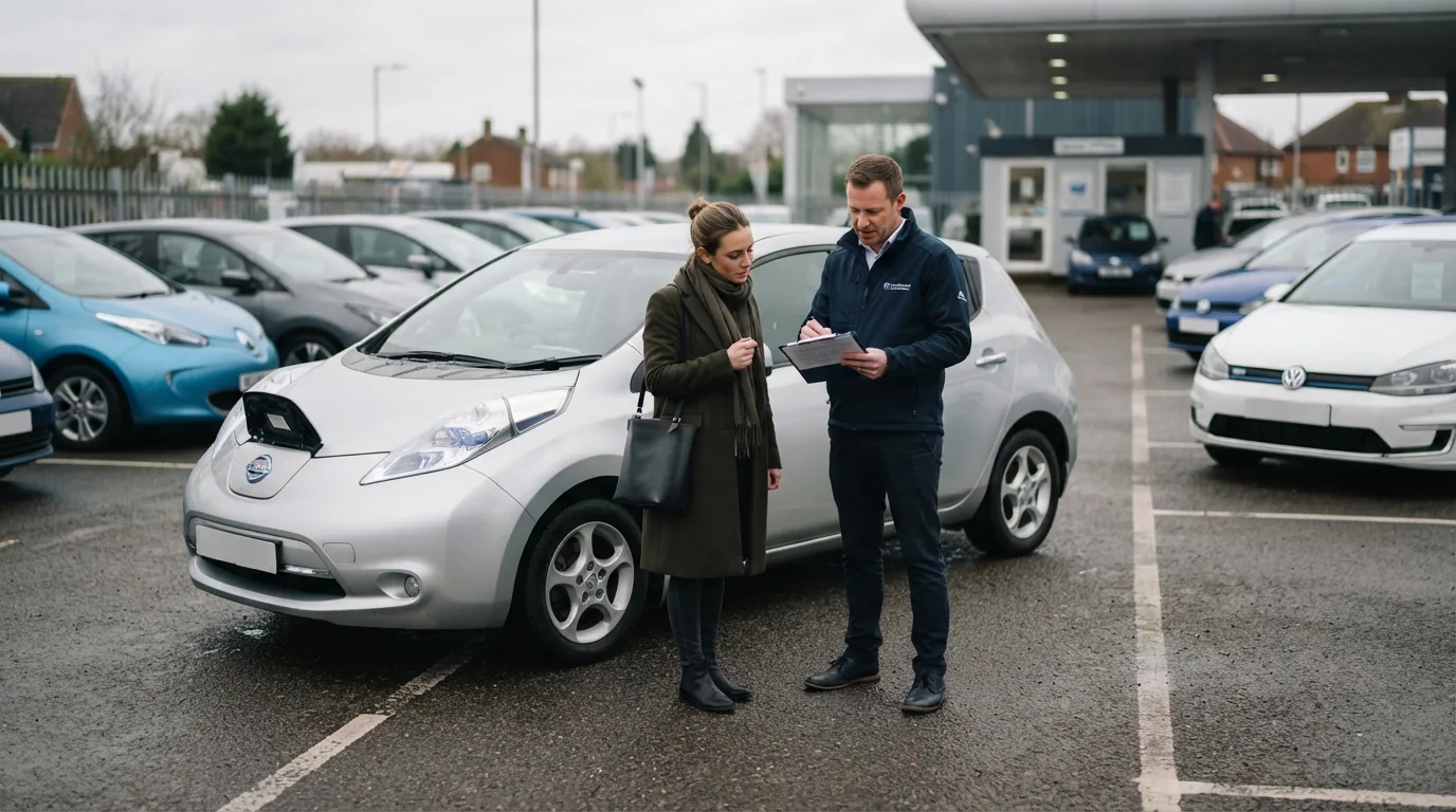 A buyer and a car dealer looking over paperwork beside a used silver electric hatchback on a UK car sales forecourt on an overcast day