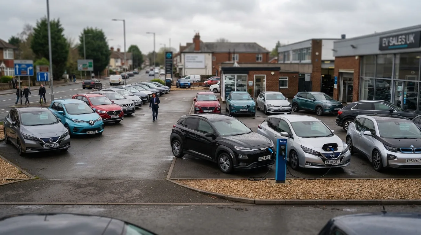 Rows of used electric hatchbacks and SUVs on a UK dealer forecourt on an overcast morning, charging cables connected to a couple of cars
