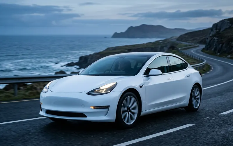 Tesla Model 3 electric saloon on a coastal road at dusk